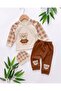 Baby Boy Hat, Teddy Bear Embroidery, Plaid Pattern, Newborn 0-3 Months, 100% Cotton, 3-Piece Bodysuit Set - 2