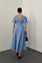 Blue Button Midi Length Poplin Dress - 4