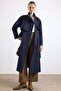 High Collar Cape Detailed Water Repellent Trench Coat Dark Blue 6889 - 3