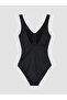 Black V-Neck Plain Gathered Women's Swimsuit - 2
