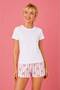 Women Shorts Pajama Set White Short Sleeve T-Shirt and Patterned Shorts Comfortable Fit - 2