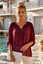 Italian Burgundy Lace Collar 3/4 Sleeve Lined Elastic Waist Sequined Silk Woven Blouse 65 70 - 7