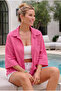Pink Shirt Collar Short Sleeve Buttoned Mesh Pocket Belted Waist Embroidered Cotton Woven Jacket 53 60