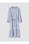 Blue Ruffled High Neck Patterned Belted Dress - 7