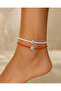Bym Orange and White Beaded 2-Piece Women's Anklet with Star Evil Eye Detail