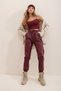 Women's Burgundy Double Pocket Waist and Wrist Elastic Casual Faux Leather Trousers ALC-X7329