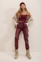 Women's Burgundy Double Pocket Waist and Wrist Elastic Casual Faux Leather Trousers ALC-X7329 - 2