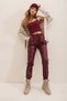 Women's Burgundy Double Pocket Waist and Wrist Elastic Casual Faux Leather Trousers ALC-X7329 - 3