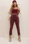 Women's Burgundy Double Pocket Waist and Wrist Elastic Casual Faux Leather Trousers ALC-X7329 - 4