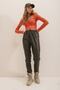 Khaki Double Pockets, Elastic Waist and Ankles, Lined Inside, Casual Faux Leather Trousers Alc-X7329 - 4