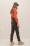 Khaki Double Pockets, Elastic Waist and Ankles, Lined Inside, Casual Faux Leather Trousers Alc-X7329 - 7