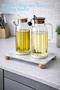Marble Patterned Glass Oil Bottle, Vinegar Bottle with Bamboo Legs, Soap Dish, Decorative Bowl Organizer Stand 24X14 cm - 3