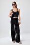 Siyah Düz Wide Leg Yüksek Bel Uzun Bağlama Detaylı Esnek Örme Pantolon TWOSS26PL00244