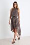 Brown Polka Dot Asymmetric Skirt Detailed Chiffon Lined Midi Belted Woven Dress Twoss26El00232