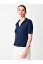 Navy Blue Short Sleeve Polo Collar Jacquard Knitted Blouse