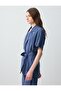 Navy Blue Straight Cut Open Collar Elbow Sleeve Long Woven Shirt - 5