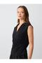 Black Straight Cut V-Neck Line Pattern Knitted Blouse - 3
