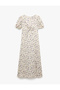 Square Neck Gathered A-Line Balloon Sleeves Floral Slit Midi Dress Bürümcük - 3