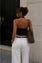 Women's Black 100% Cotton Neck-Cross Halter Neck Double Layer Crop Top Bodysuit - 2