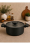 Valeria 24 cm Granite Deep Pot with Silicone Edged Glass Lid - Black