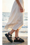 Black High Sole Three-Stripe Closed-Front Buckle Women's Summer Wedge Heel Sandals - 7