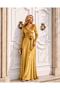 Yellow Double Breasted Collar Waist Tie Velvet Long Dress 582814 - 2