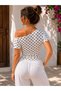 Premium Boat Neck Polka Dot Waist Detailed Short Boat Neck T-Shirt Crop - 4