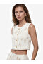 Cotton Gemstone Button Detailed Shiny Printed Crew Neck Muslin Crop Vest - 4