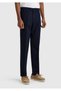 Men's Navy Blue Linen Blend Straight Fit Trousers with Piping on Pockets