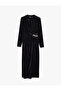 Slim Fit Long Sleeve Front Slit Window Detail Mock Neck Stone Long Velvet Dress - 6