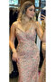 Powder Color Thin Strap Straight Cut Glitter Long Evening Dress 7127 - 2