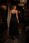 Women's Rope Strap V-Neck Long Crepe Evening Dress with Pearl Detail, Special Occasion, Wedding-Invitations, Graduation - 2