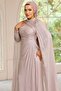 Yoryo Silk Hijab Evening Dress with Stone Detailed Cape on the Collar Stone 1247 - 2