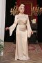 Bead Detailed Beige Hijab Satin Evening Dress 53361Bej