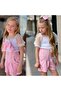 Girl's White Shirt Pink Shorts Buckle Combination Suit Eid Clothing - 4