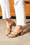 Anka Women's Straw Textured Pearl Thick Heel Tan Slippers Sandals - 2