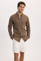 Men's Slim Fit 100% Cotton Buttoned Collar Flam Linen Khaki Shirt - 4