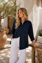 Navy Blue Oversized Cotton Summer Linen Shirt Pocketed Trend Loose Off Shoulder Women - 3