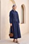 Denim Suit with Front Zipper and Double Pockets - Dark Navy Blue - 4