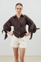 Coffee-Colored Sleeve Tie Striped Women's Shirt