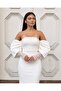 Flexible Scuba Fabric Strapless Draped Sleeve Stone and Tulle Detailed Evening Dress 583336 White - 6