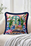 Blue and White Tile Vase Patterned Fringed Throw Pillow Cover with Leopard and Flamingo Figures - Modern Decorative Ya