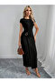 Women's Half Moon Sleeve Round Neck Front Buckle Detail Modal Maxi Dress