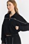 Women's Oyysho Fabric Low Sleeve Casual Crop Zipper Wide Leg Black Tracksuit Set - 7807 - 6