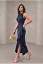 Double-Breasted Collar Women's Flounced Slit Square Stone Belted Navy Blue Wedding and Engagement Evening Dress - 5