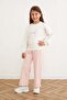 Ribbon Embroidered Girl's Suit with Elastic Waist