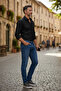 Men's Navy Blue Regular Fit Jeans Comfortable Cut Casual Stylish Flexible Modern Basic - 3