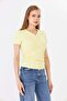 Women's Yellow Gathered Side Buttoned Front Ribbed V-Neck Blouse - H6039 - 3