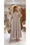 V-Neck Half Placket Buttoned Elasticized Sleeve Hem Viscose Fabric Full Length Dress
