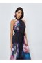 Navy Blue Floral Print Pleated A-Line Maxi Dress - 2